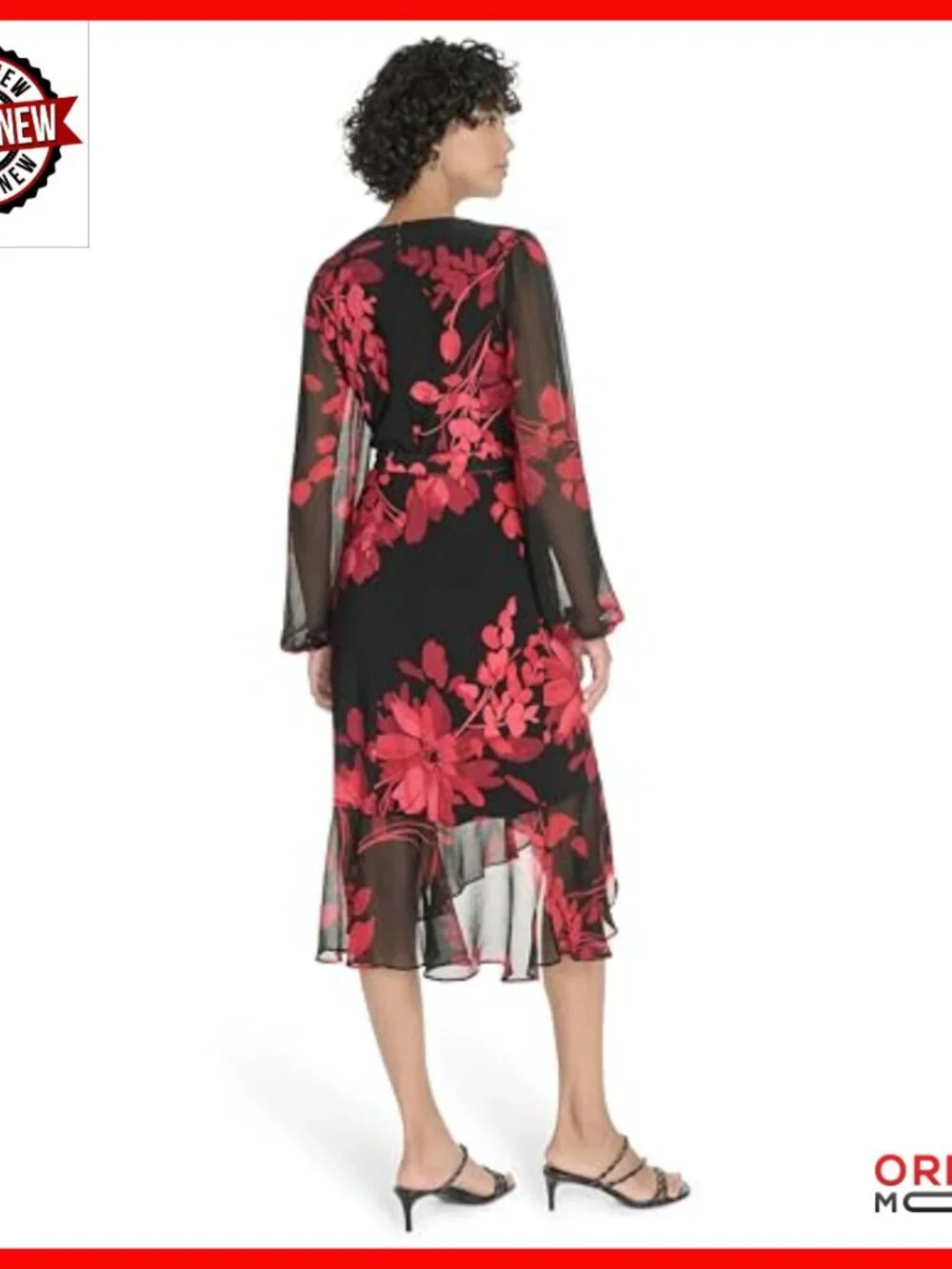 Long Sleeve Midi Dress with Balloon Sleeves Velvet Wrap Flutter Hem